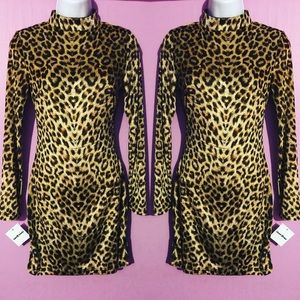 Leopard Print Velvet High Neck Bodycon Dress